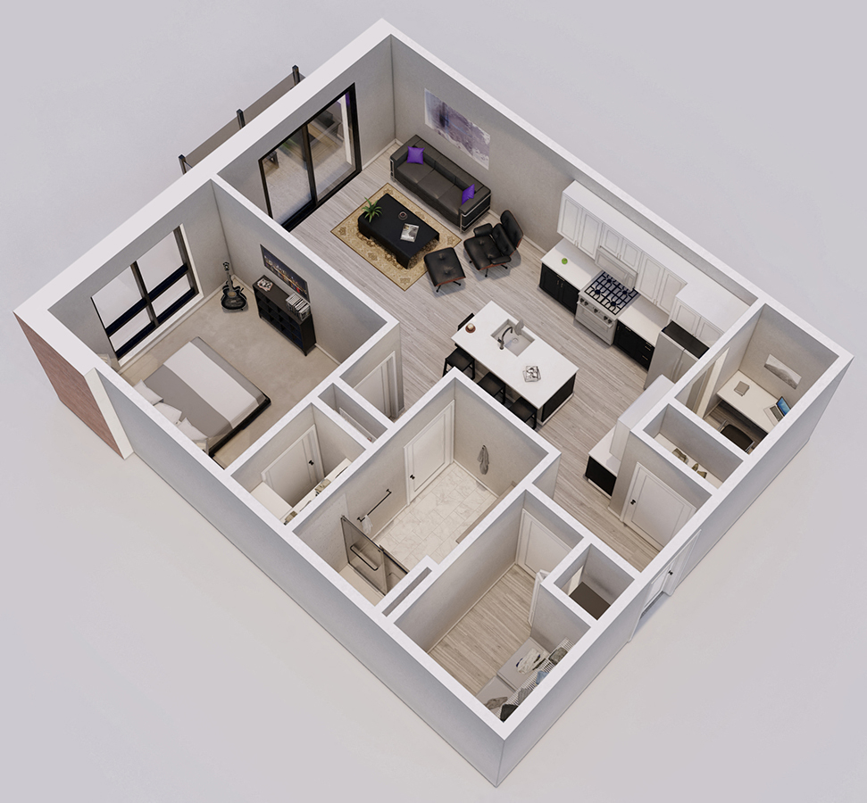Floor plan for 1 bed, 1 bath, 732 sqft